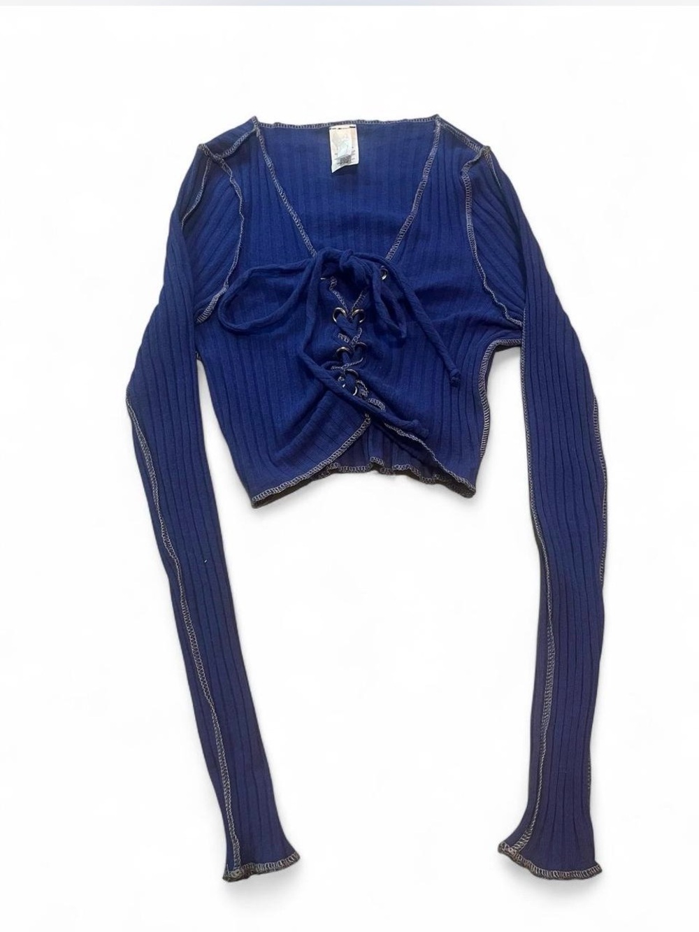 chic Navy Ribbed Lace-Up Long Sleeve Crop Top grunge